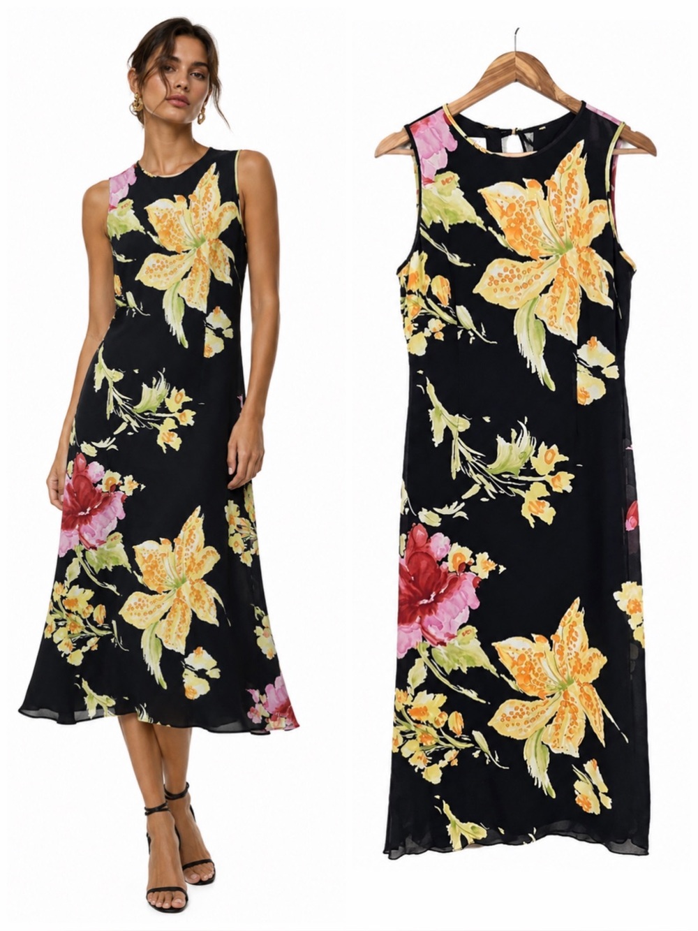 Vintage Talbots Pure Silk Floral Midi Dress Black Lily Print Sleeveless Size 8